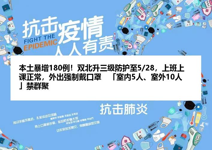 本土暴增180例！双北升三级防护至5/28，上班上课正常，外出强制戴口罩　「室内5人、室外10人」禁群聚