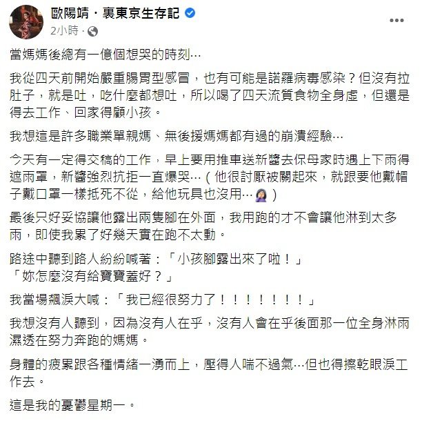 「淋雨推娃娃车」遭正义魔人指责姐姐的朋友欧阳靖崩溃：我已经很努力了