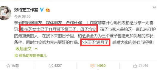 张柏芝承认三胎：爸爸身份揭晓（母子四人同框卡通照）