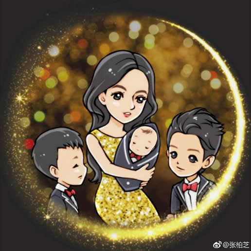 张柏芝承认三胎：爸爸身份揭晓（母子四人同框卡通照）